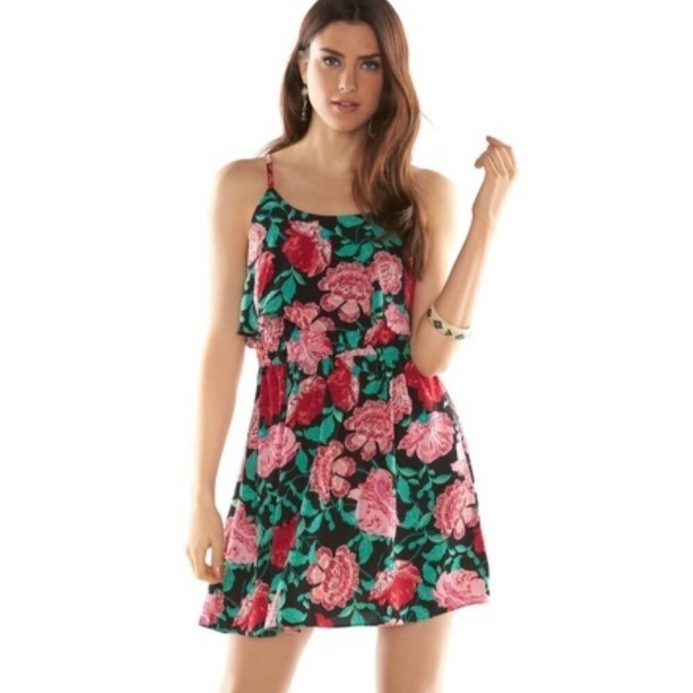 ELLE Red & Black Floral Spaghetti Strap Slip On Tiered Ruffle Dress